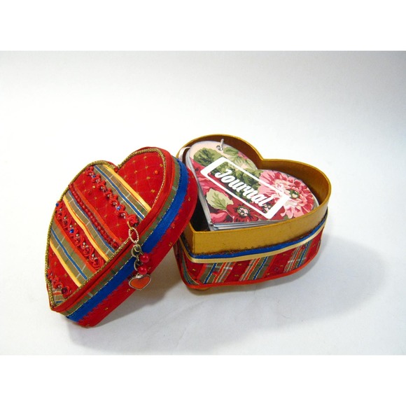 Vintage Fabric Embellished Trinket Jewelry Keepsake Box with Mini Journal Diary - Picture 2 of 9